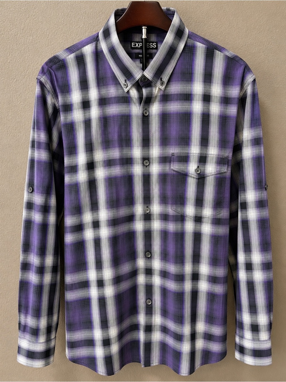 Express Men's Purple & White Plaid Button-Down Shirt